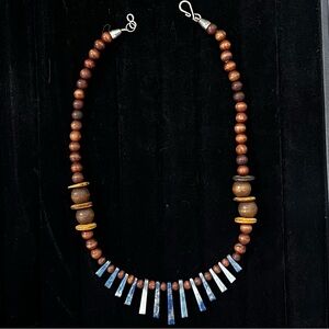 VINTAGE Handmade Wood Bead And Natural Gemstone 18” Necklace